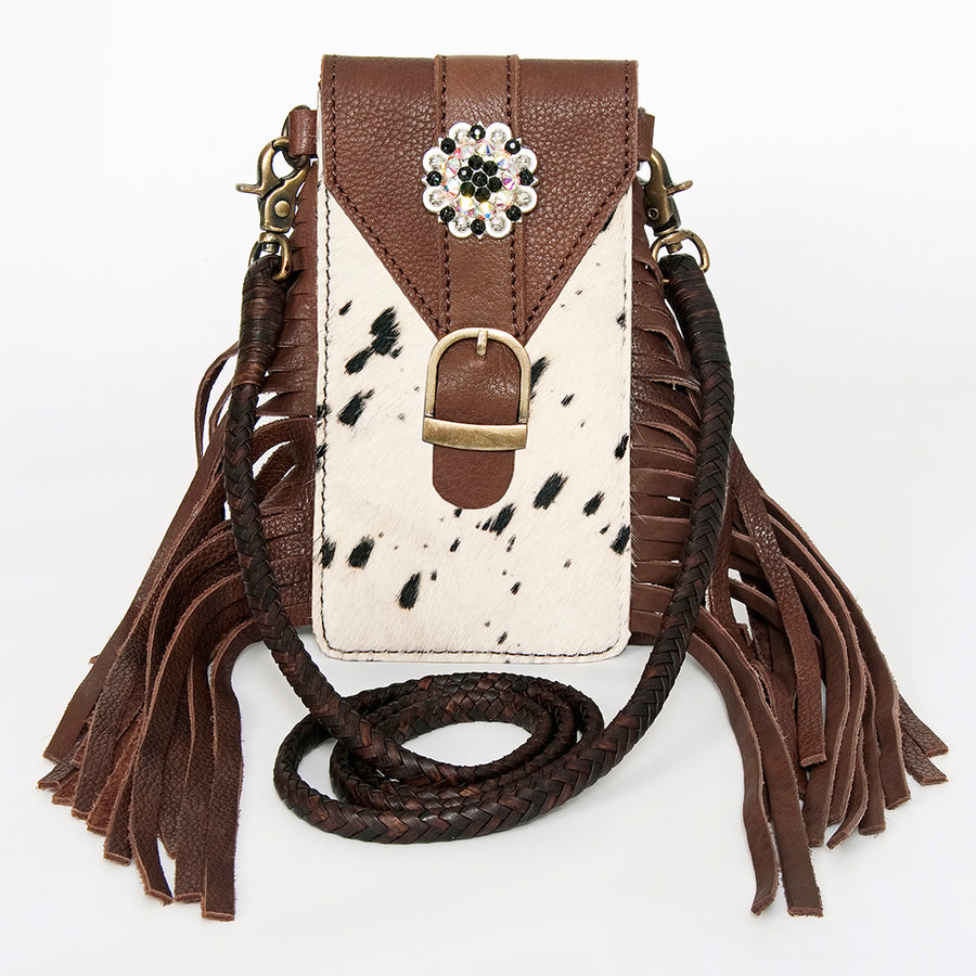 American Darling Hair-On Cowhide Cell Phone Holder Fringes Braided Handle Vegetable-Tanned Genuine Leather YKK Zipper