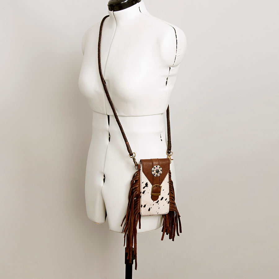 American Darling Hair-On Cowhide Cell Phone Holder Fringes Braided Handle Vegetable-Tanned Genuine Leather YKK Zipper