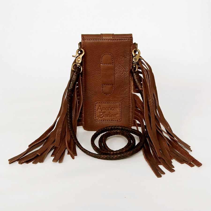 American Darling Hair-On Cowhide Cell Phone Holder Fringes Braided Handle Vegetable-Tanned Genuine Leather YKK Zipper