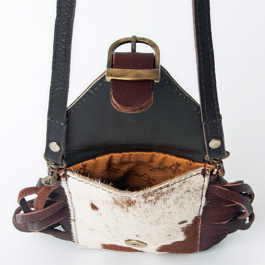 American Darling Hair-On Cowhide Cell Phone Holder Fringes Braided Handle Vegetable-Tanned Genuine Leather YKK Zipper