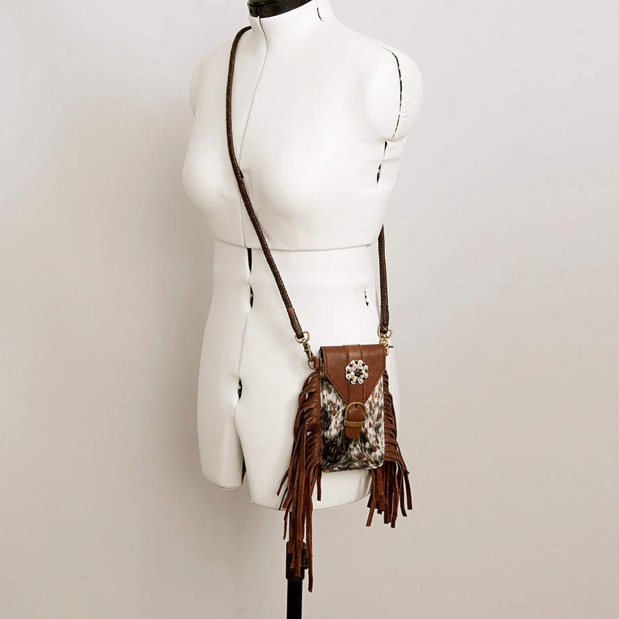American Darling Hair-On Cowhide Cell Phone Holder Fringes Braided Handle Vegetable-Tanned Genuine Leather YKK Zipper