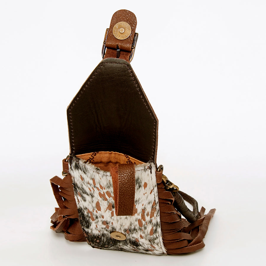 American Darling Hair-On Cowhide Cell Phone Holder Fringes Braided Handle Vegetable-Tanned Genuine Leather YKK Zipper