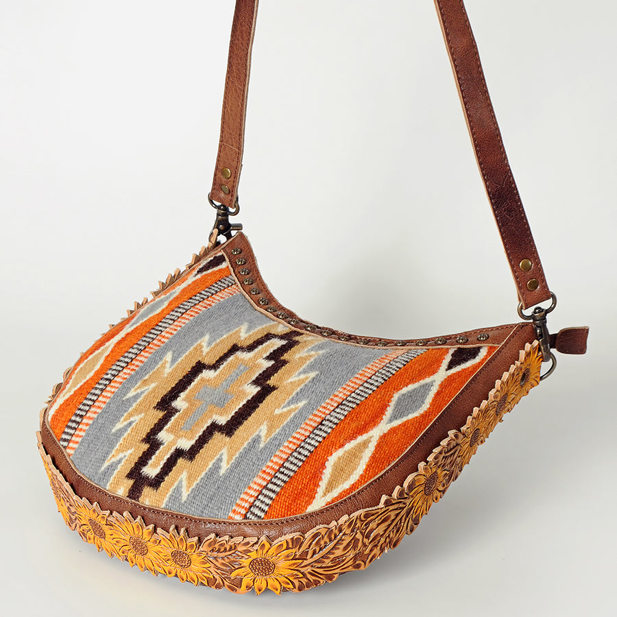 American Darling Hobo Bag Western Hand Tooled Floral Genuine Leather Crossbody with Hand Woven Saddle Blanket & YKK Zipper