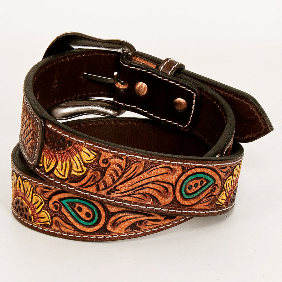 BAR H EQUINE Brown Sunflower Floral Hand Painted Genuine Leather Men & Women Belt Unisex Western
