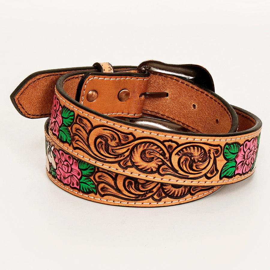 Bar H Equine Hand Tooled Genuine Leather Crafted Tan Unisex Western Belt with Floral Carving Tooling Men & Women