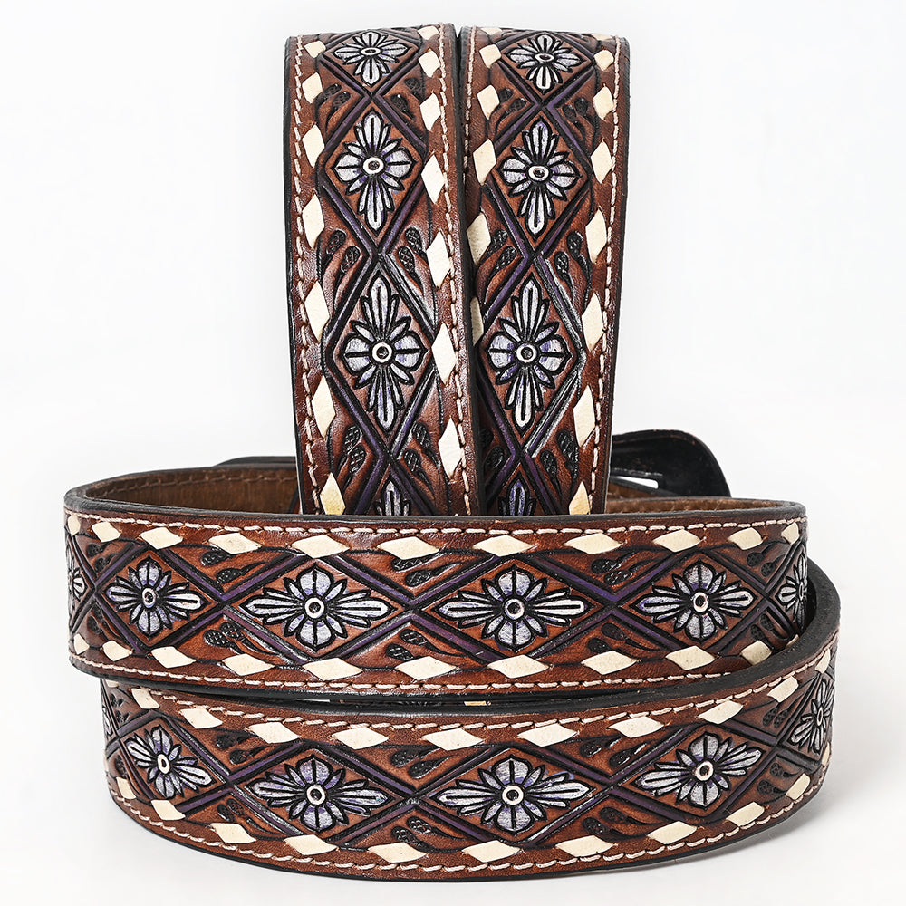 BAR H EQUINE Genuine White Flower Hand Painted Western Leather Men And Women Belt Dark Brown