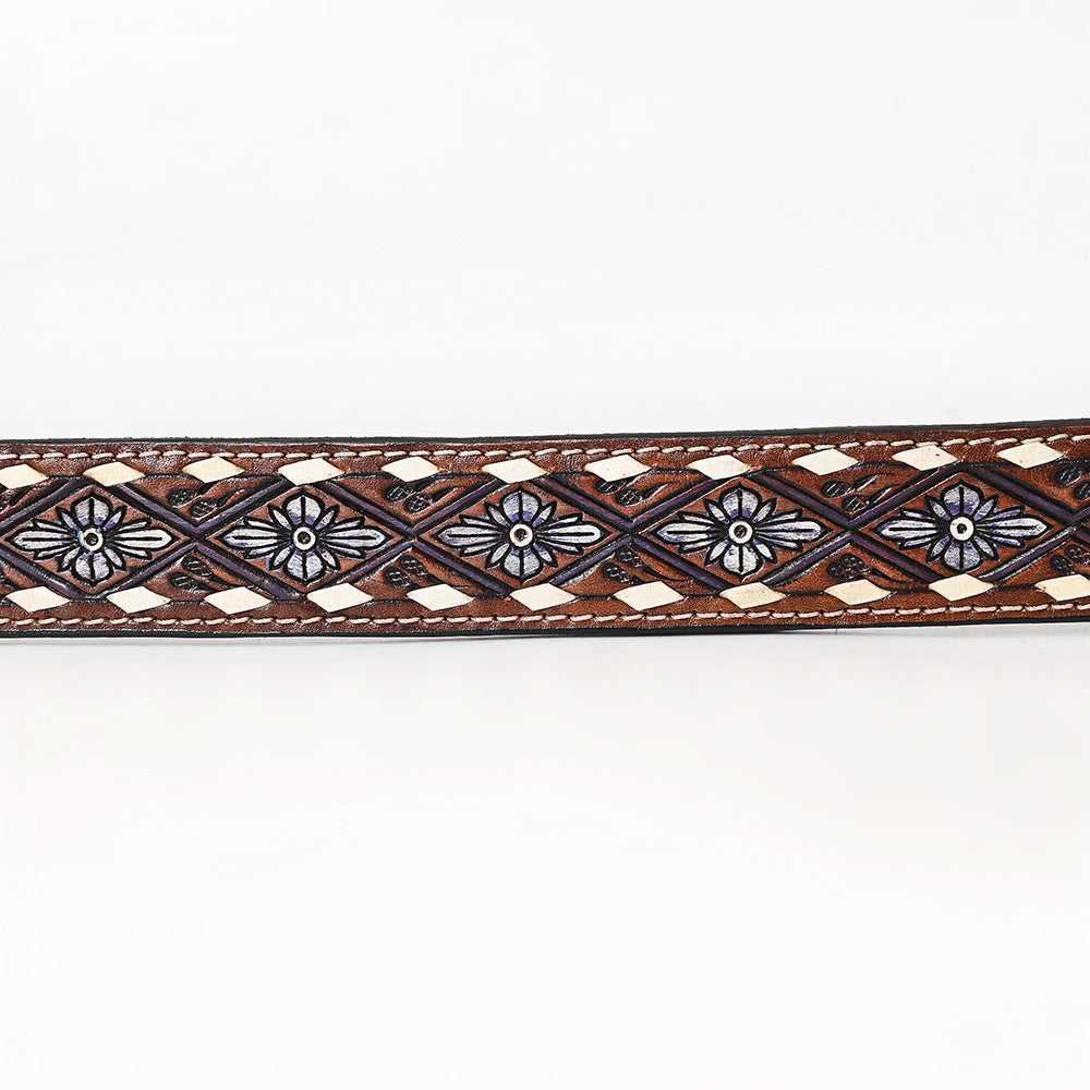 BAR H EQUINE Genuine White Flower Hand Painted Western Leather Men And Women Belt Dark Brown
