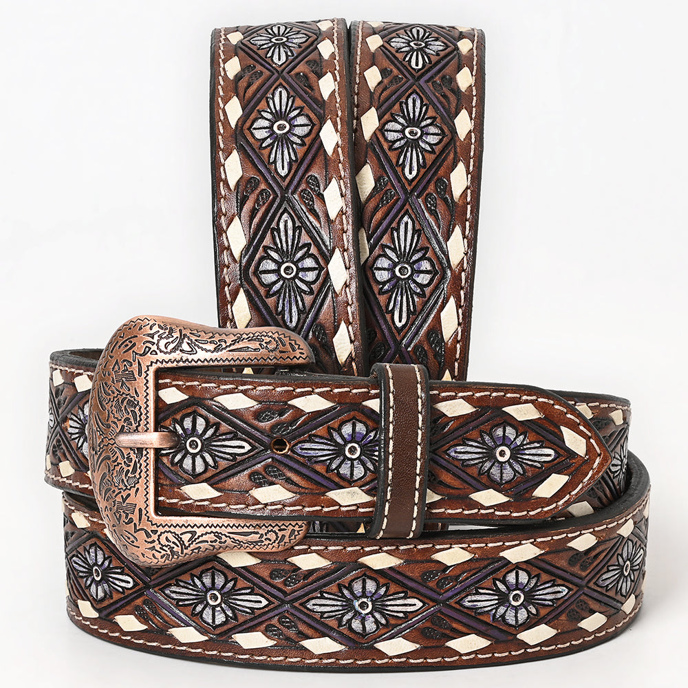 BAR H EQUINE Genuine White Flower Hand Painted Western Leather Men And Women Belt Dark Brown