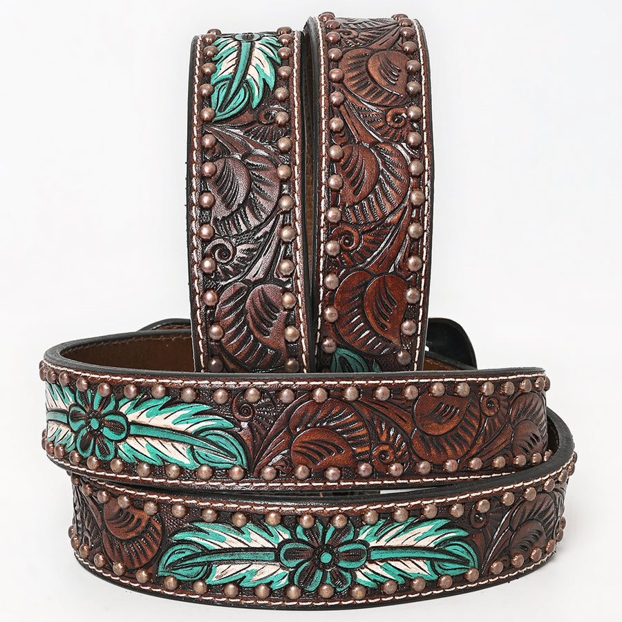 BAR H EQUINE Brown Natural Floral Hand Painted Carved Fashion Premium Leather Belt Unisex Western with Removable Buckle