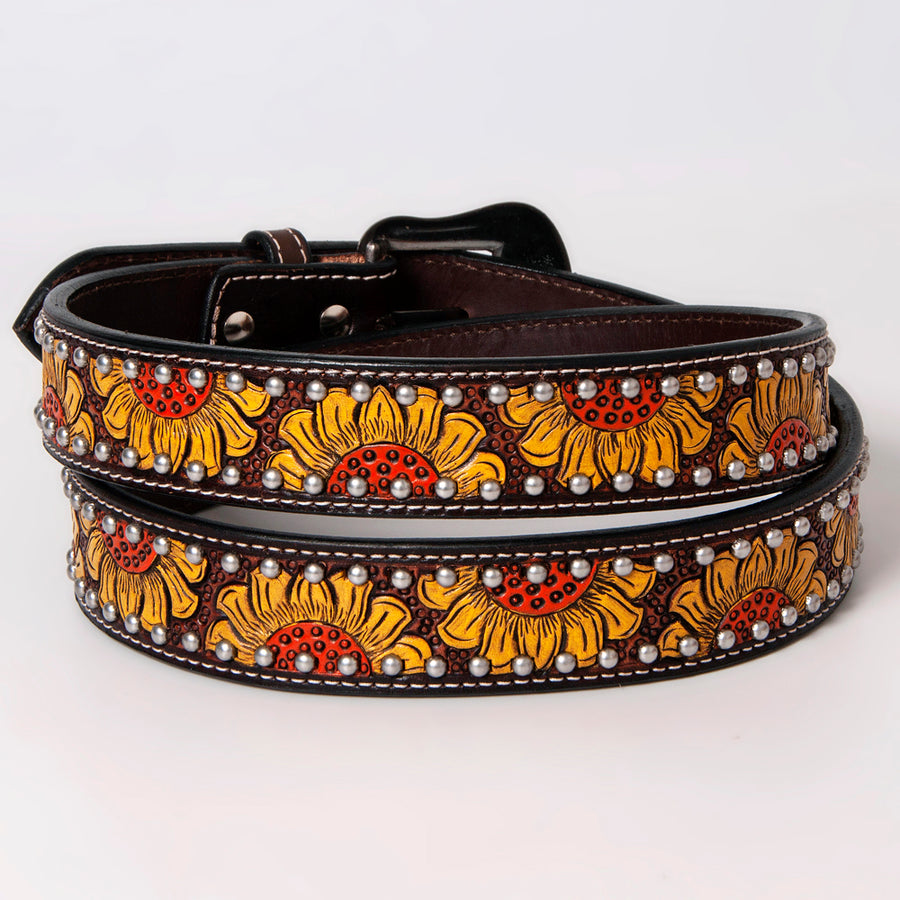 BAR H EQUINE Brown Sunflower Floral Hand Painted Carved Fashion Premium Leather Belt Unisex Western