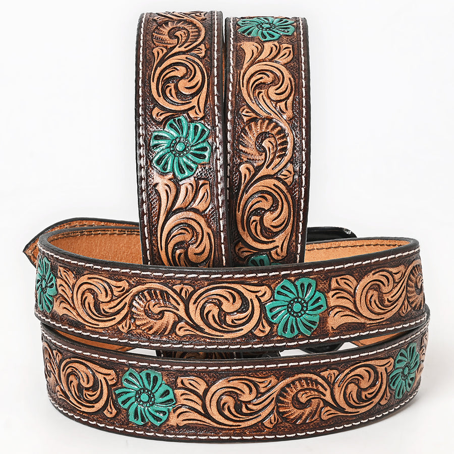 Bar H Equine Hand Painted Genuine Leather Tooled Brown Unisex Western Belt with Floral Carving Tooling | fo