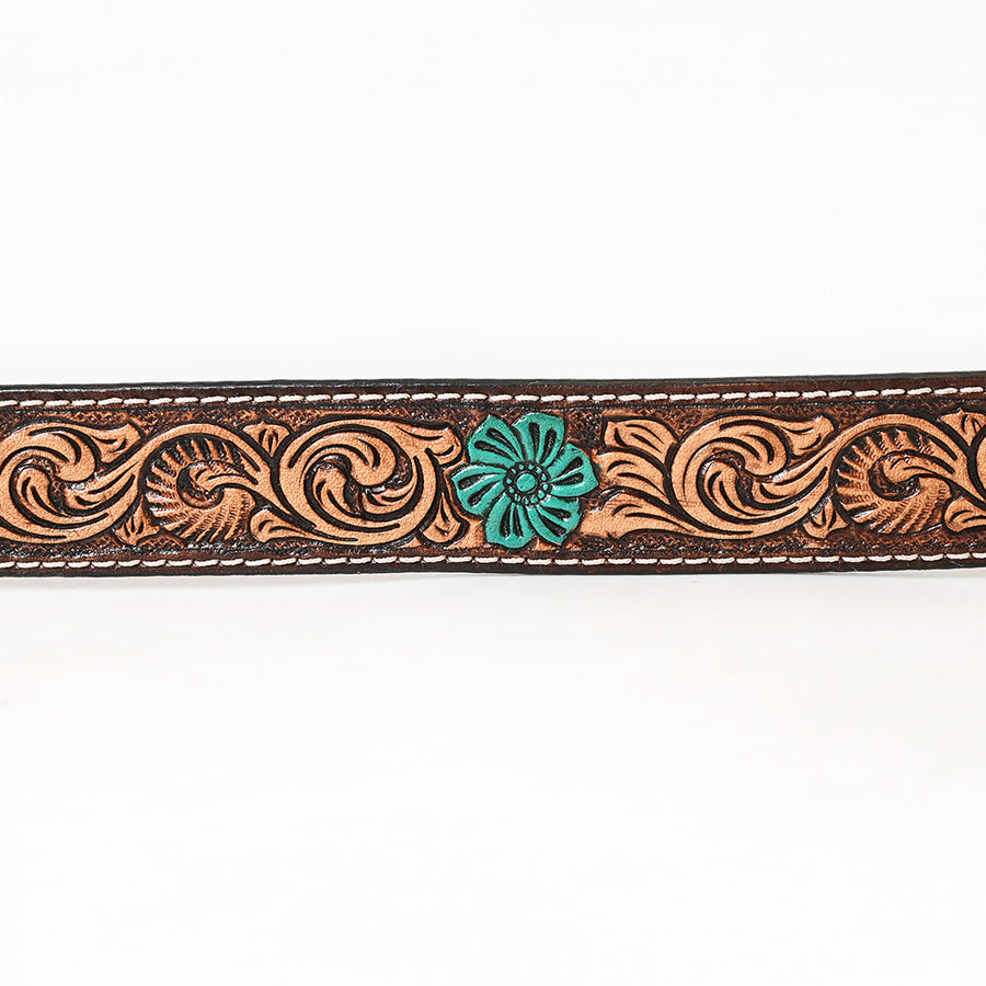 Bar H Equine Hand Painted Genuine Leather Tooled Brown Unisex Western Belt with Floral Carving Tooling | fo