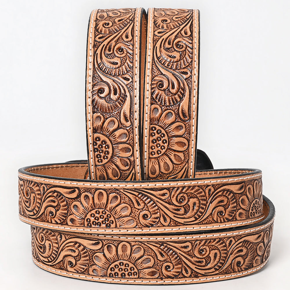 BAR H EQUINE Sunflower Floral Hand Carved Western Fashion Premium Leather Men And Women Belt Brown