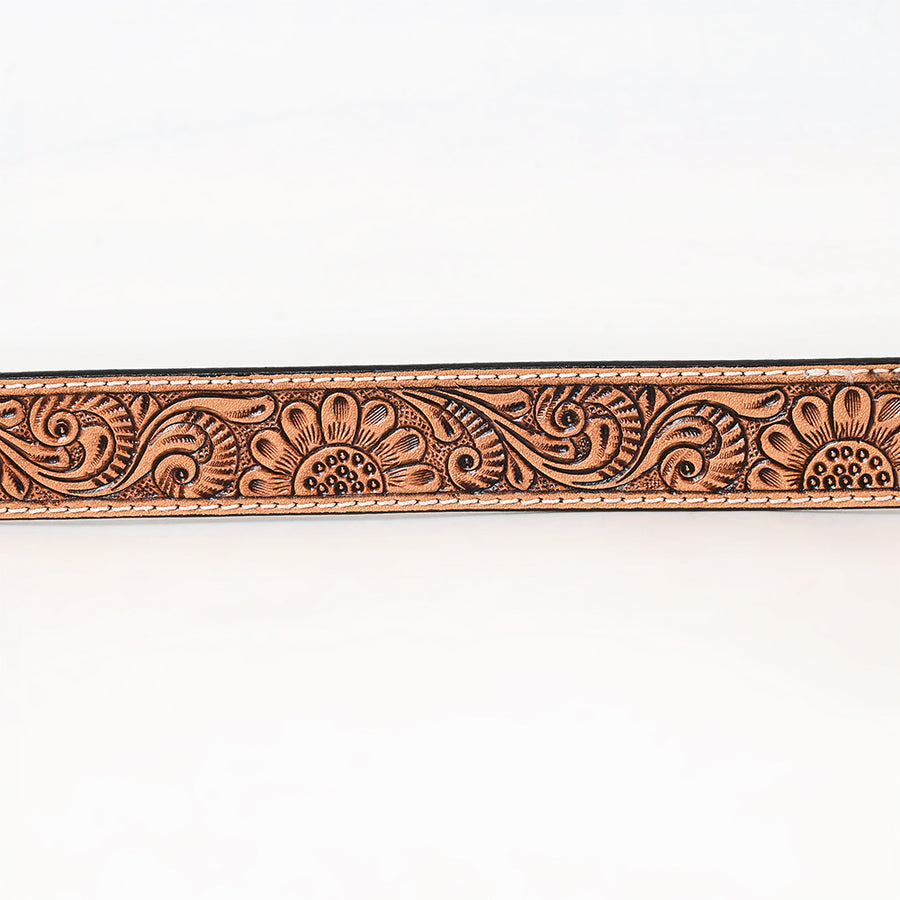 BAR H EQUINE Brown Sunflower Floral Hand Carved Fashion Premium Leather Belt Unisex Western with Removable Buckle