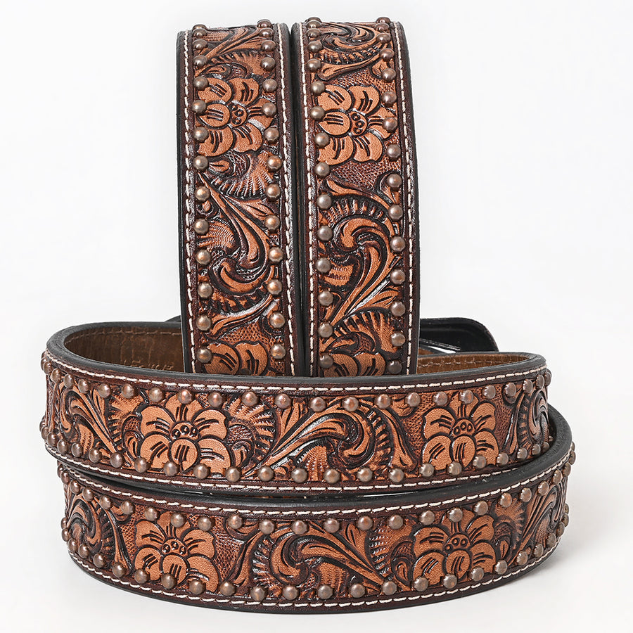 BAR H EQUINE Brown Floral Hand Tooled Fashion Premium Leather Belt Unisex Western with Removable Buckle
