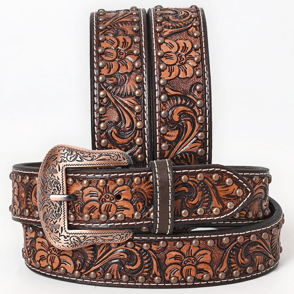 BAR H EQUINE Floral Genuine Hand Tooled Western Fashion Premium Leather Men And Women Belt Brown
