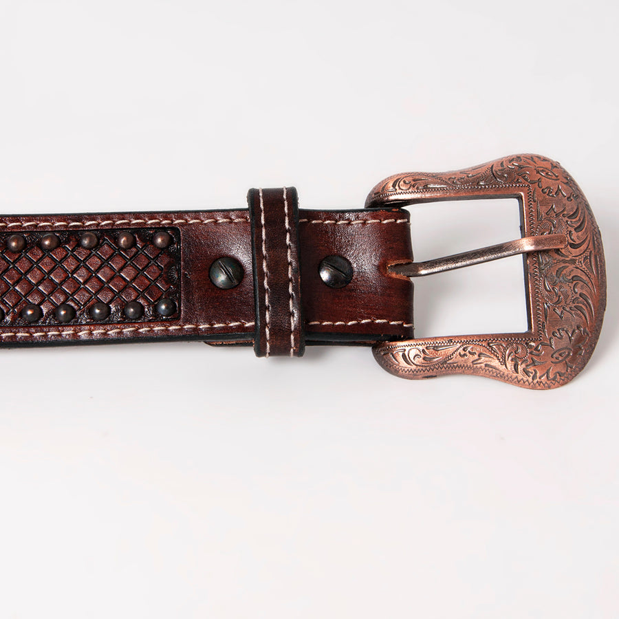 Bar H Equine Hand Carved & Crafted Genuine Leather Red Beaded Black Crystal Unisex Western Belt Carving Antique Brown