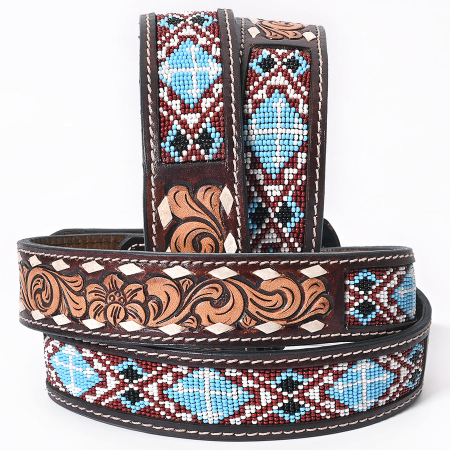 Bar H Equine Hand Tooled Genuine Leather Crafted Unisex Brown Western Belt Beaded Carving | Bead Belts for Women Men