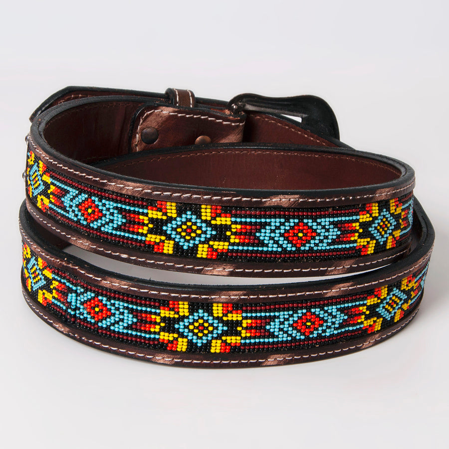 Bar H Equine Beaded Crystal Basket Tooled Hand Carved Western Leather Men & Women Belt Unisex Carving Antique Brown
