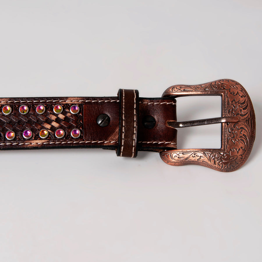 Bar H Equine Beaded Crystal Basket Tooled Hand Carved Western Leather Men & Women Belt Unisex Carving Antique Brown