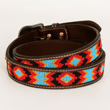 BAR H EQUINE Red Crystal Beaded Floral Hand Carved Western Leather Men And Women Belt Brown