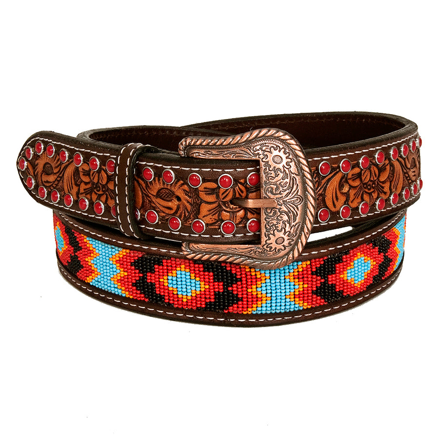 BAR H EQUINE Red Crystal Beaded Floral Hand Carved Western Leather Men And Women Belt Brown - Bar H Equine