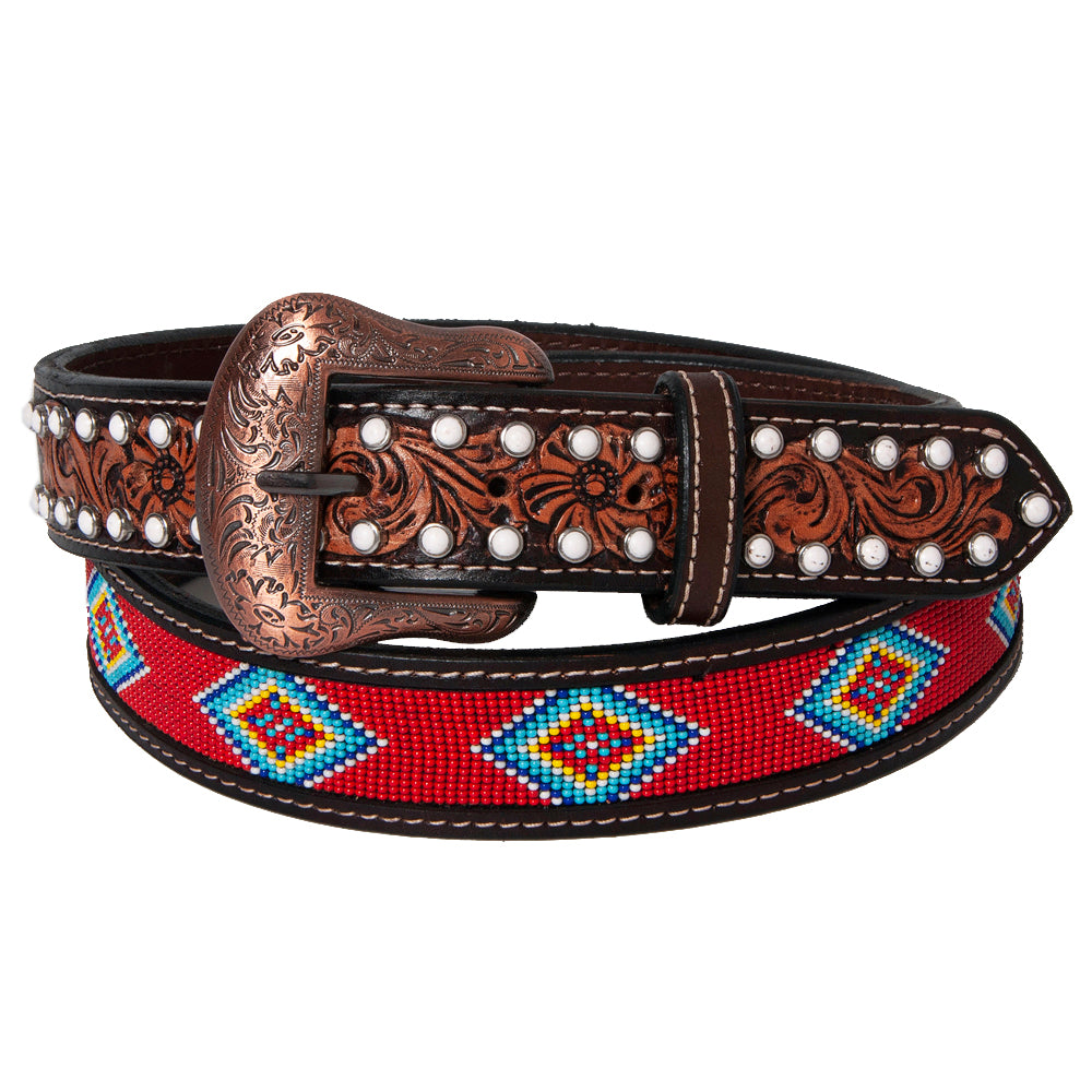 BAR H EQUINE Red Beaded White Crystal Floral Hand Carved Western Men And Women Belt Brown