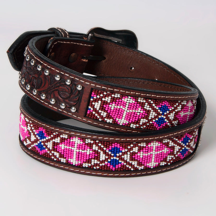 Bar H Equine Hand Tooled Genuine Leather Crafted Unisex Antique Brown Western Belt Beaded Carving | Bead Belts for Women