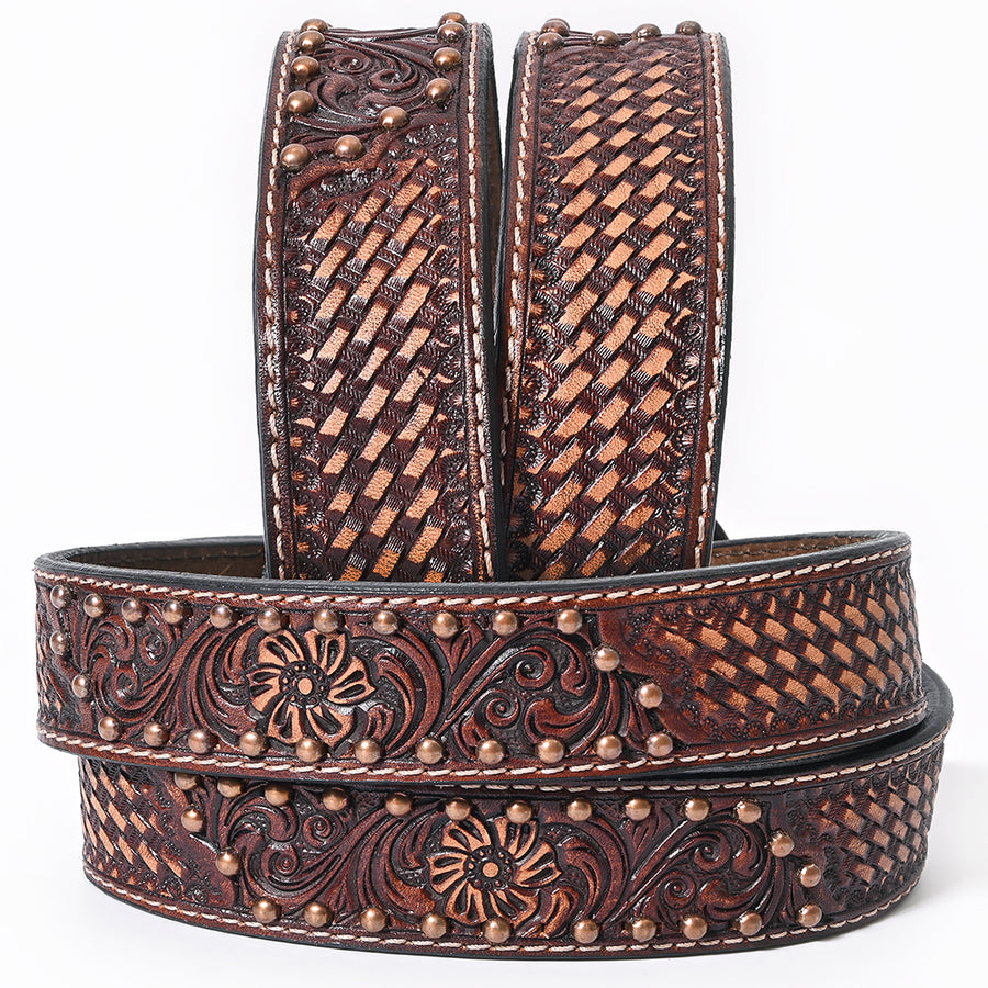 BAR H EQUINE Brown Floral Basket Hand Tooled Genuine Leather Men & Women Belt Unisex Western with Removable Buckle