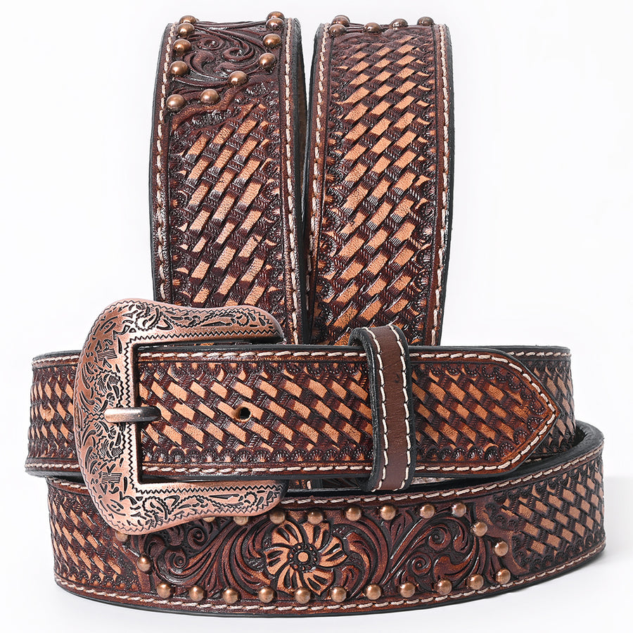BAR H EQUINE Brown Floral Basket Hand Tooled Genuine Leather Men & Women Belt Unisex Western with Removable Buckle