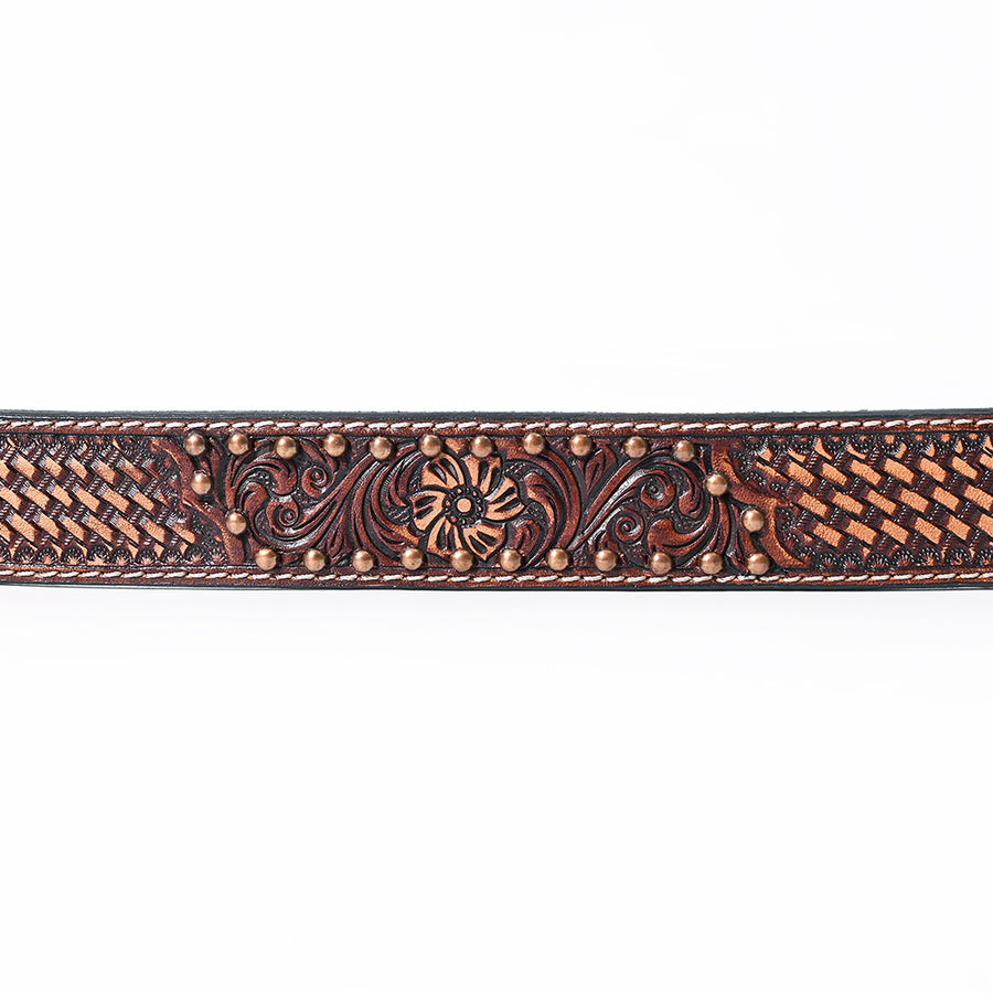 BAR H EQUINE Brown Floral Basket Hand Tooled Genuine Leather Men & Women Belt Unisex Western with Removable Buckle