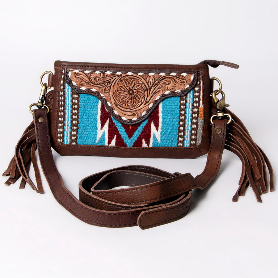 American Darling Women's Small Cross body Bag Hand Woven Saddle Blanket Hand Tooled Fringes Genuine Leather YKK Zipper