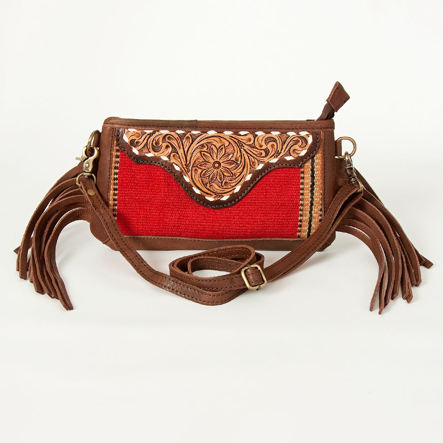 American Darling Women's Small Cross body Bag Hand Woven Saddle Blanket Hand Tooled Fringes Genuine Leather YKK Zipper