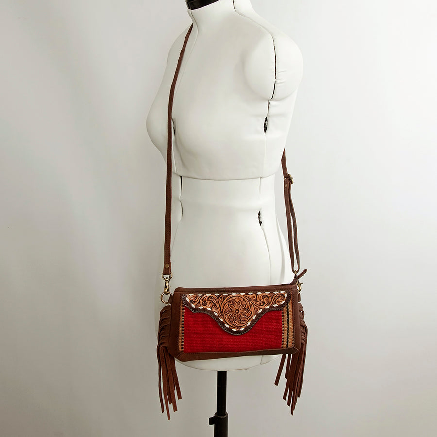 American Darling Women's Small Cross body Bag Hand Woven Saddle Blanket Hand Tooled Fringes Genuine Leather YKK Zipper