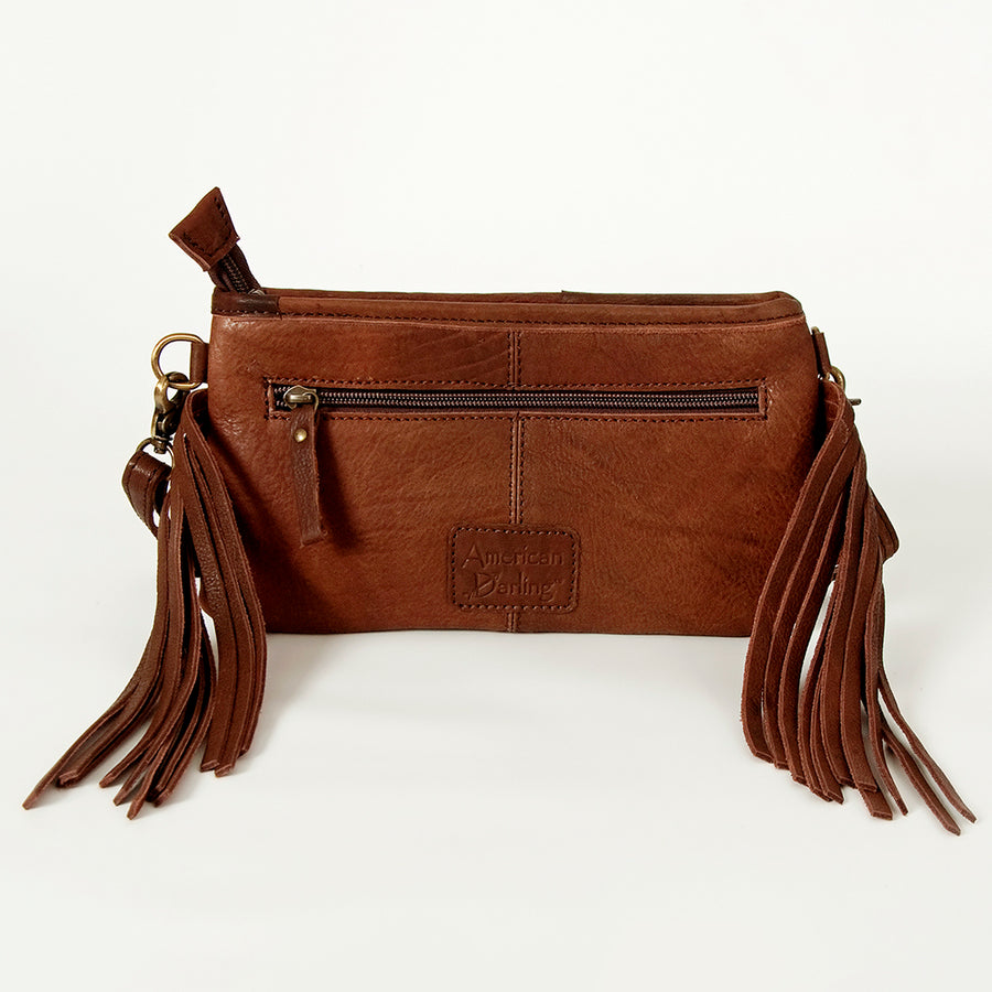 American Darling Women's Small Cross body Bag Hand Woven Saddle Blanket Hand Tooled Fringes Genuine Leather YKK Zipper