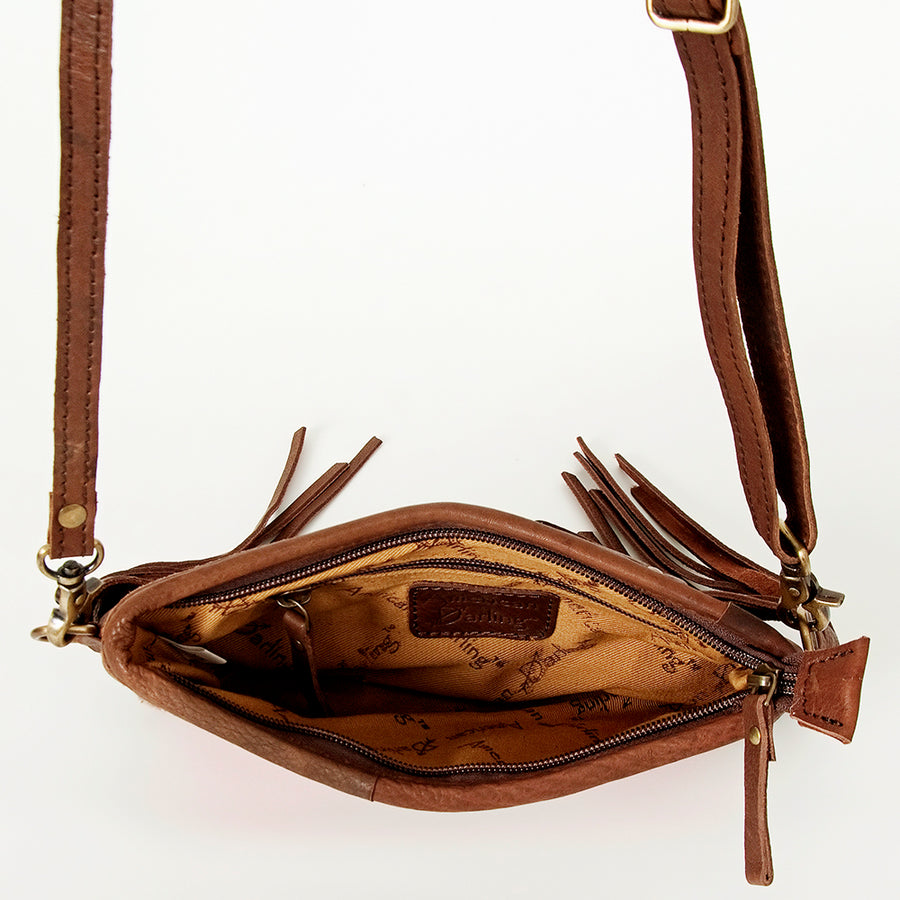 American Darling Women's Small Cross body Bag Hand Woven Saddle Blanket Hand Tooled Fringes Genuine Leather YKK Zipper