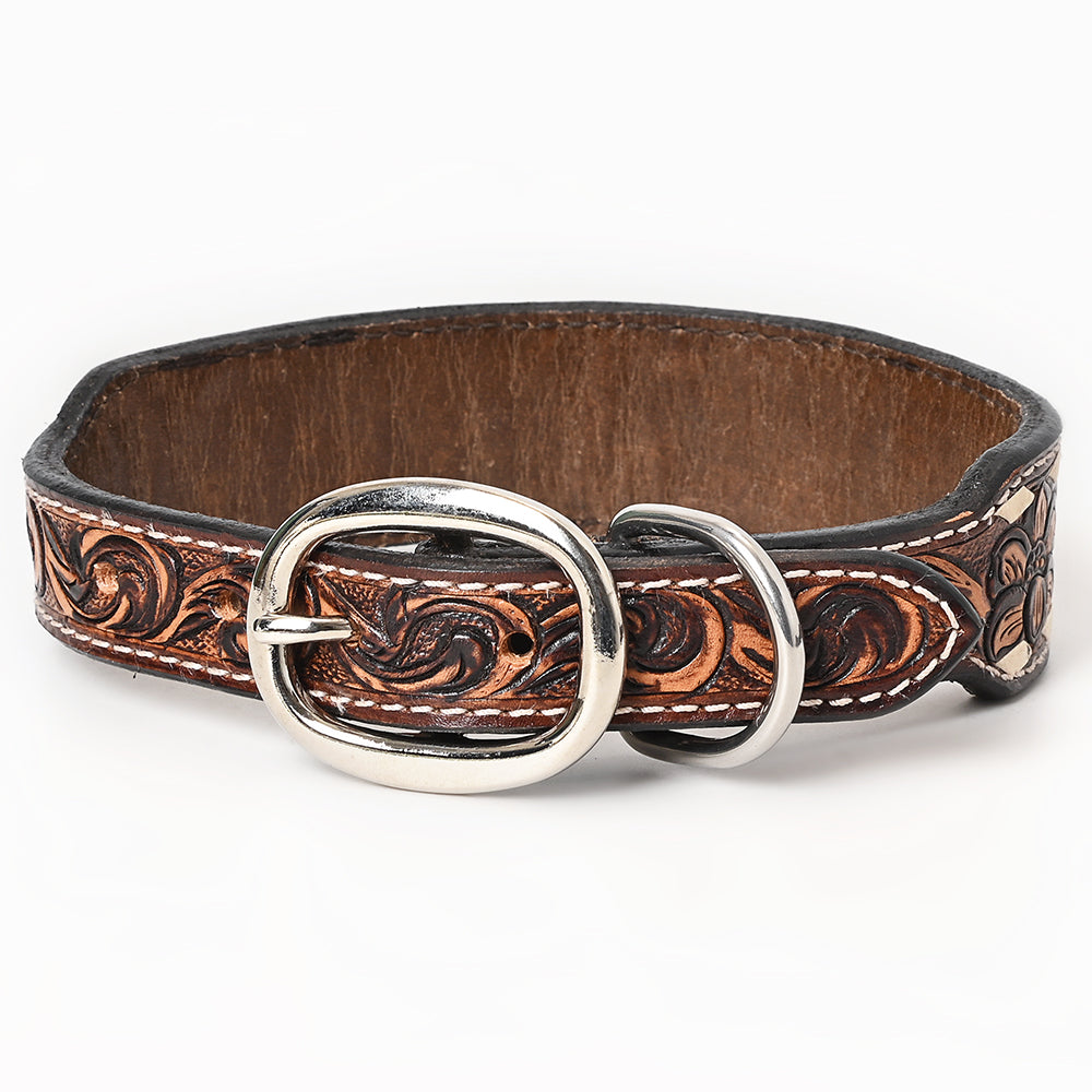 BAR H EQUINE Leaf Classic Colton Hand Carved Western Leather Dog Collar Brown