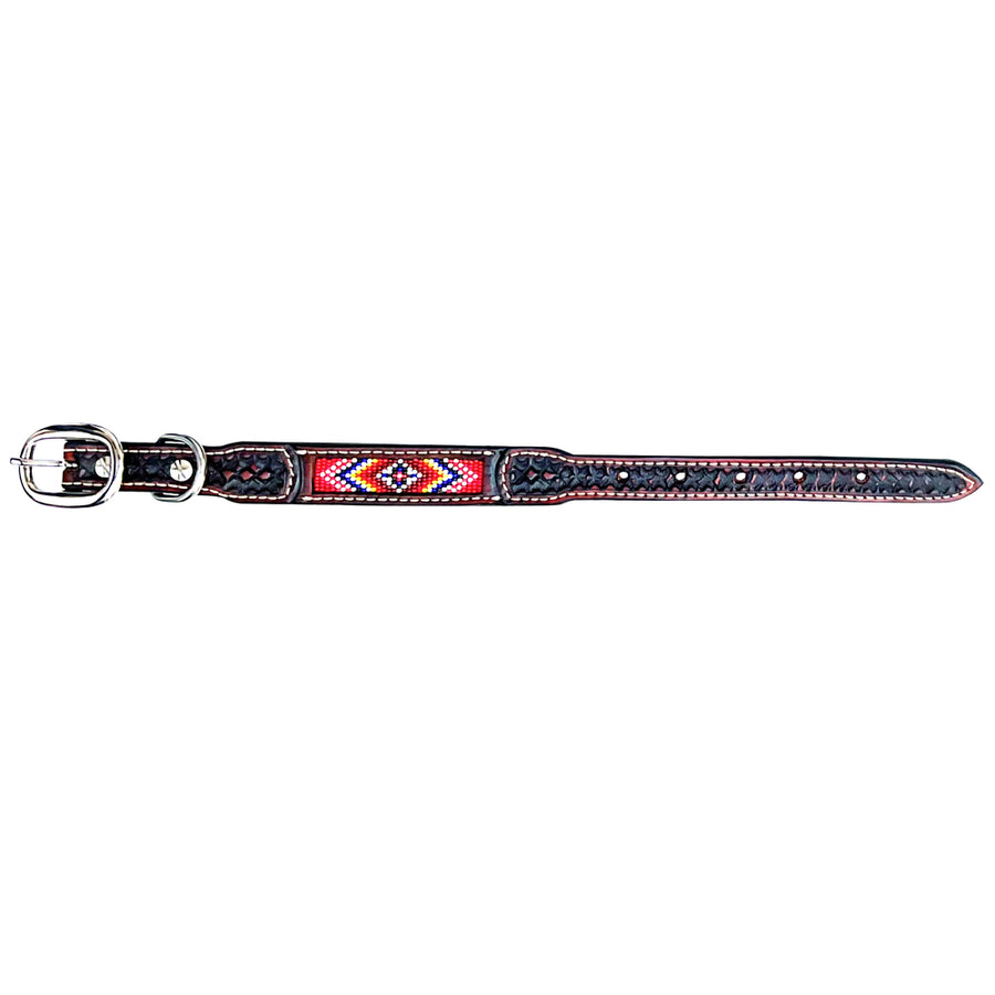 BAR H EQUINE Beaded Diamond Designs Hand Tooled Western Leather Dog Collar Antique Brown - Uhorse