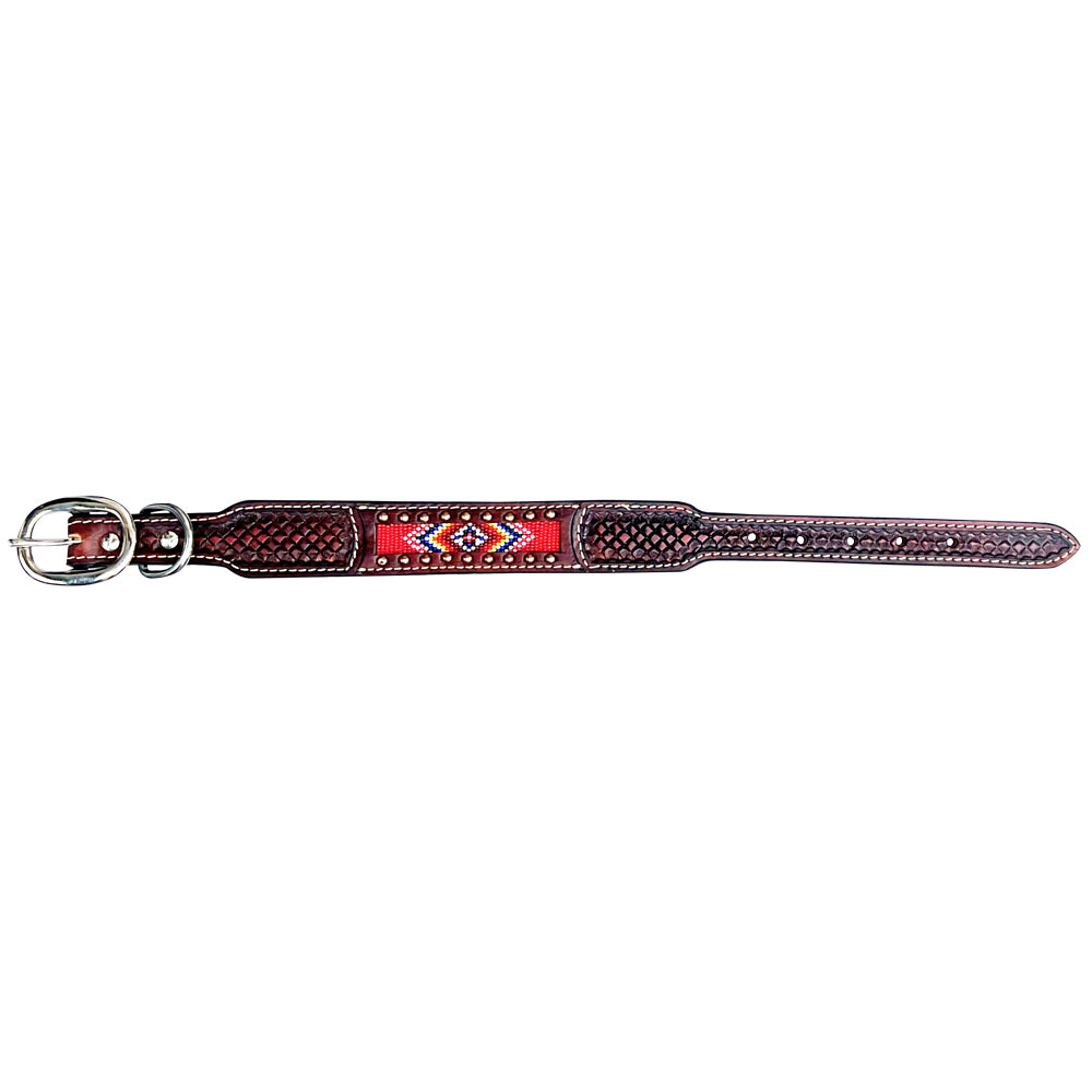BAR H EQUINE Beaded Diamond Designs Hand Tooled Western Leather Dog Collar Antique Brown