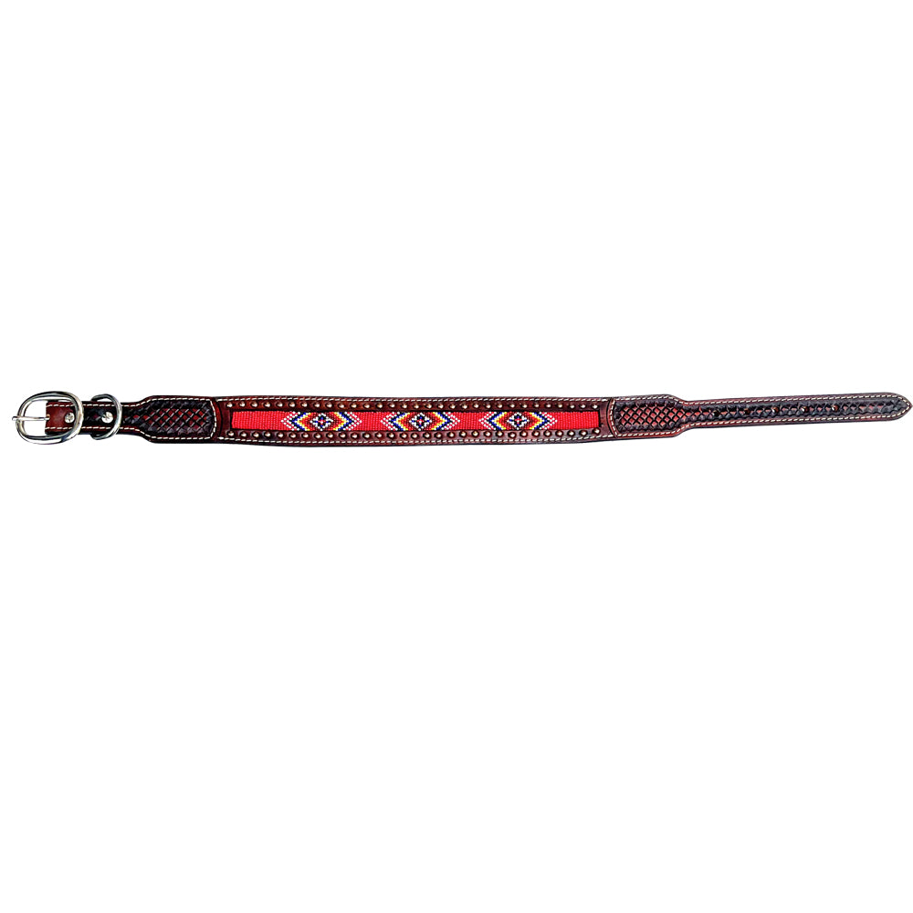 BAR H EQUINE Beaded Diamond Designs Hand Tooled Western Leather Dog Collar Antique Brown