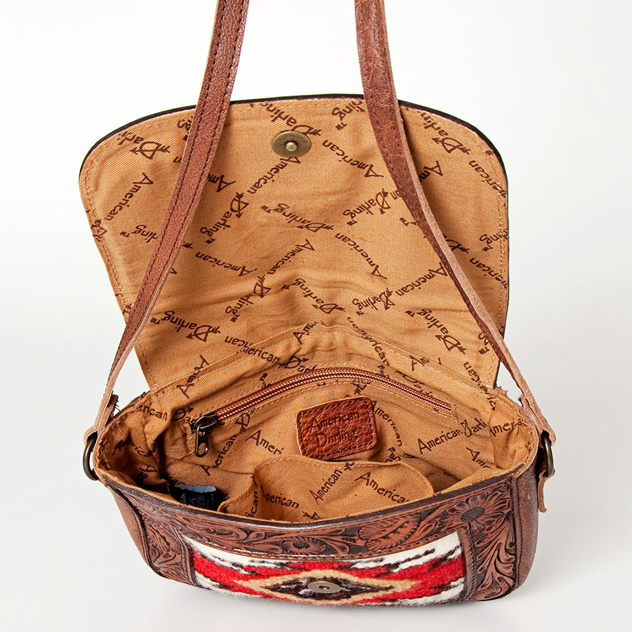 American Darling Western Cross body Bag for Women, Hand Tooled Leather, Hair-On Cowhide, Floral Carved with Turquoise Concho