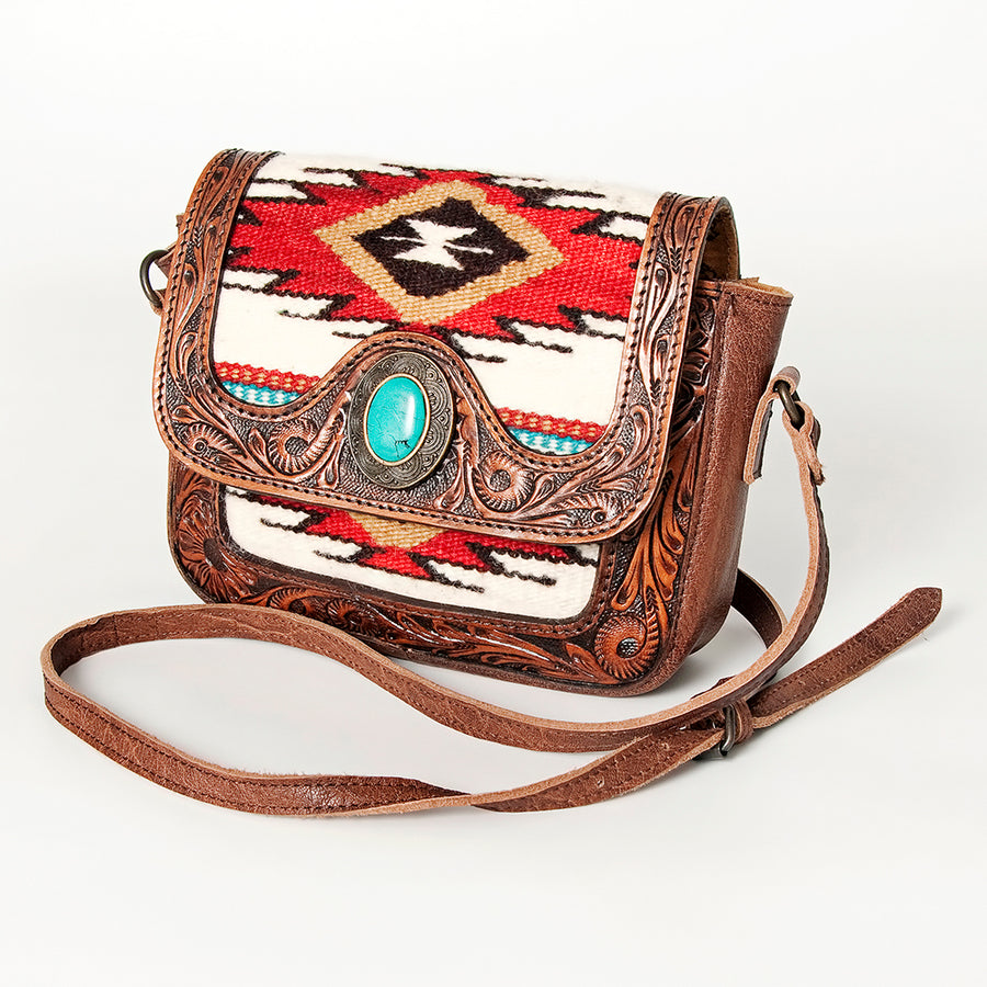 American Darling Western Leather Cross body Bag Hand Tooled Floral with Woven Saddle Blanket - Uhorse