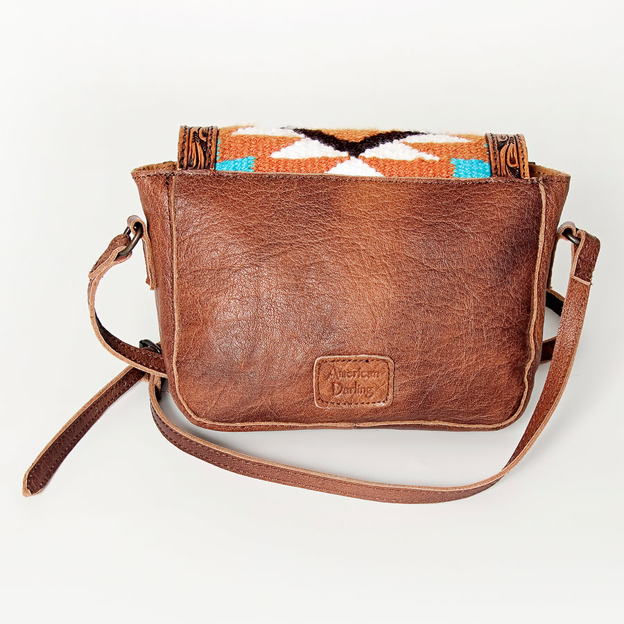 American Darling Western Cross body Bag for Women, Hand Tooled Leather, Hair-On Cowhide, Floral Carved with Turquoise Concho