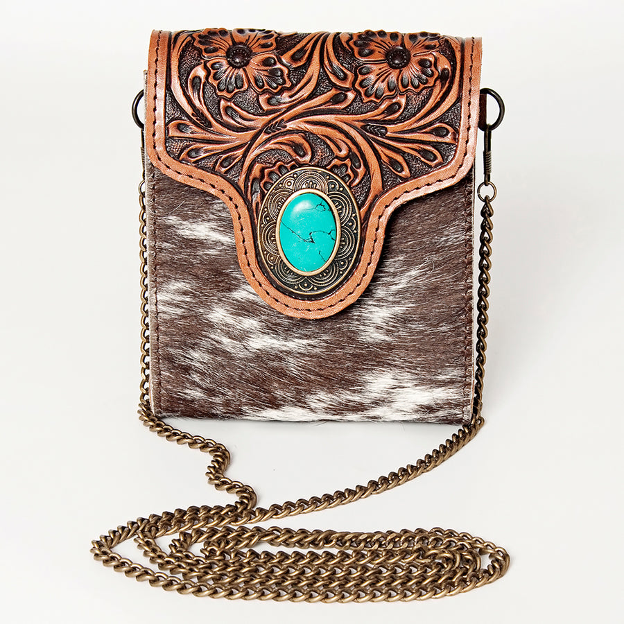 American Darling Small Cross body Bag Western Leather Hair-On Cowhide Hand Tooled Floral Turquoise Concho 5.5x5