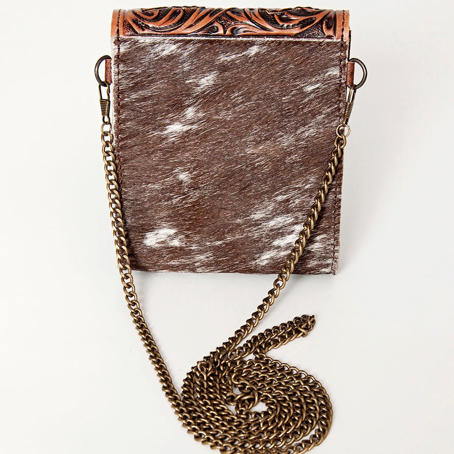 American Darling Small Cross body Bag Western Leather Hair-On Cowhide Hand Tooled Floral Turquoise Concho 5.5x5