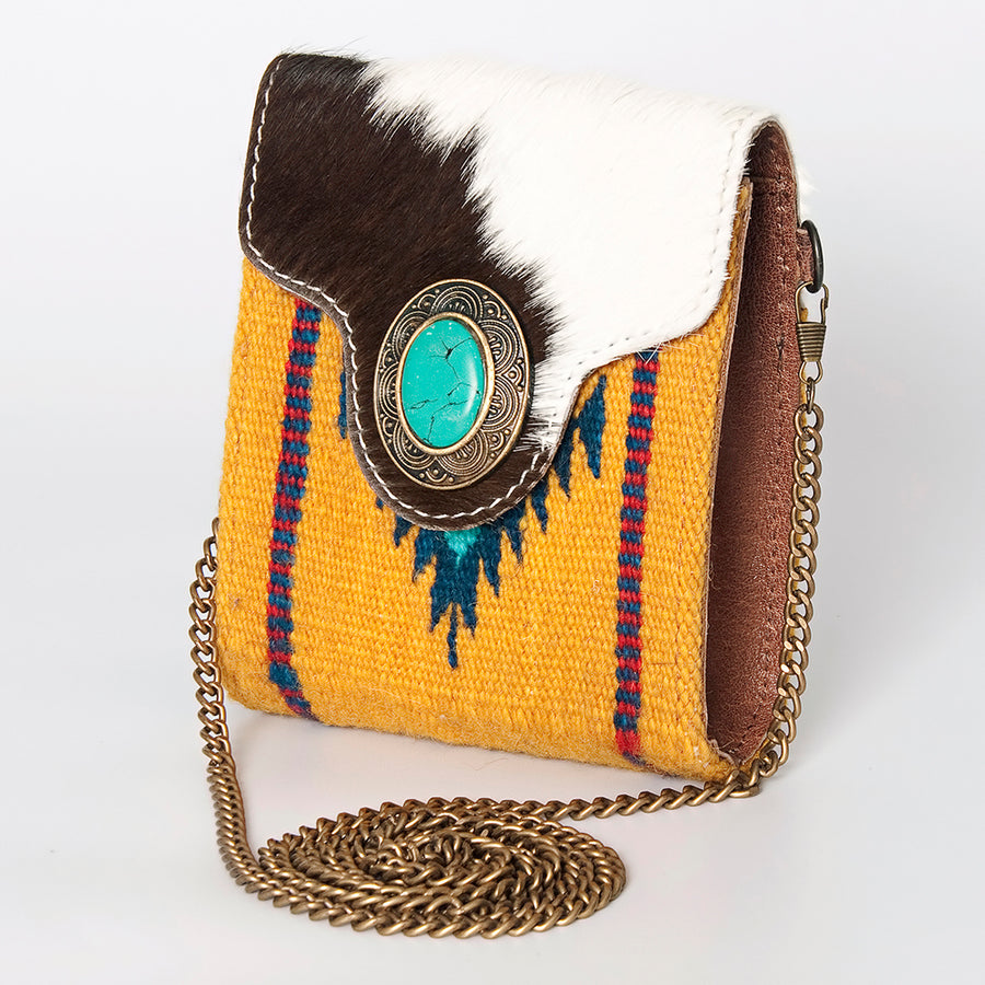 American Darling Small Cross body Bag Western Leather Hair-On Cowhide Hand Tooled Floral Turquoise Concho 5.5x5