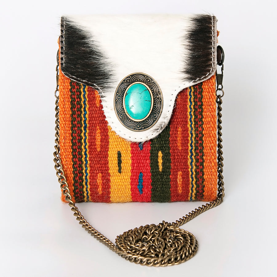 American Darling Small Cross body Bag Western Leather Hair-On Cowhide Hand Tooled Floral Turquoise Concho 5.5x5