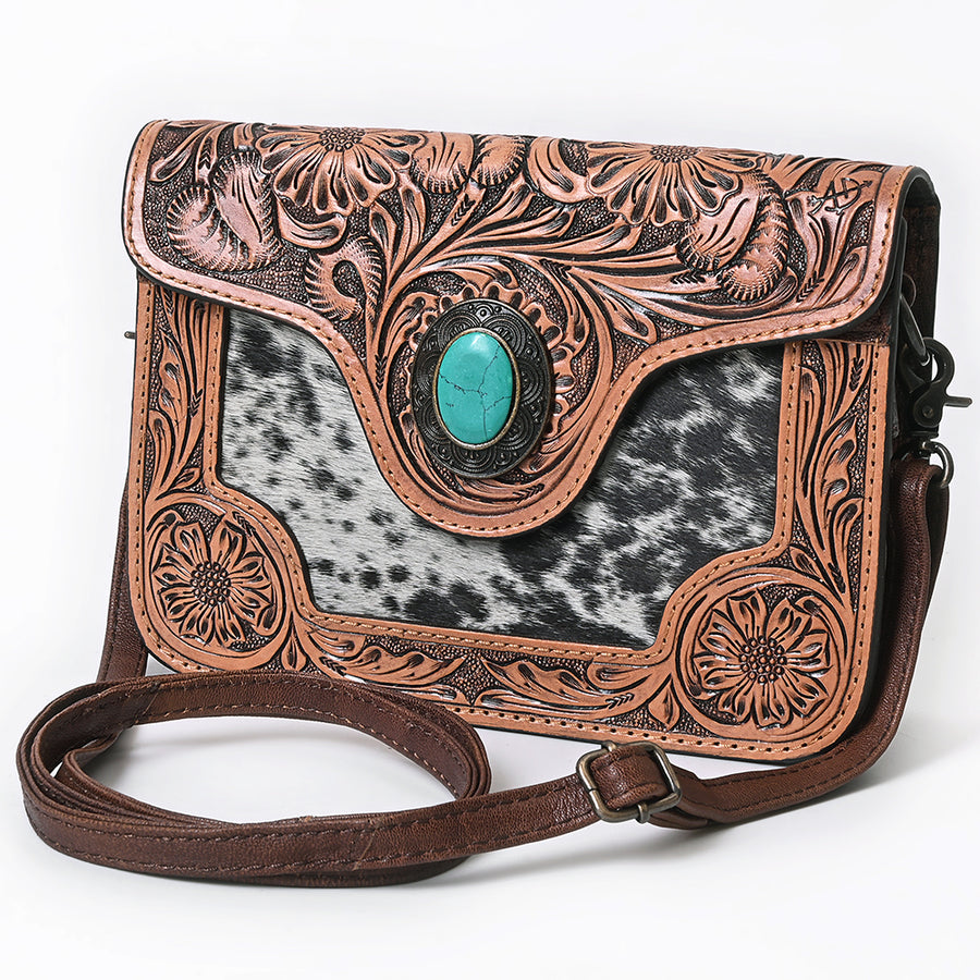 American Darling Western Cross body Bag Hair-On Cowhide with Hand Tooled Floral Carving - Hilason