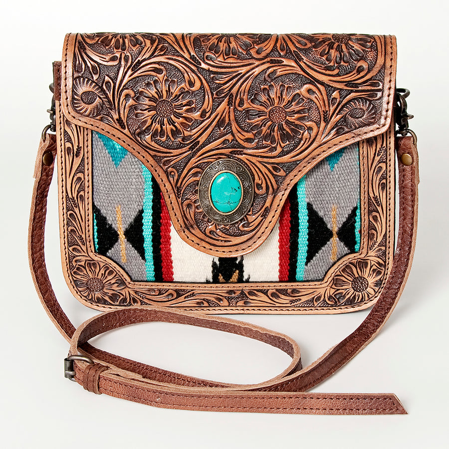 American Darling Cross body Bag Western Leather Hair-On Cowhide Hand Tooled Floral Turquoise Concho 8in x 10in