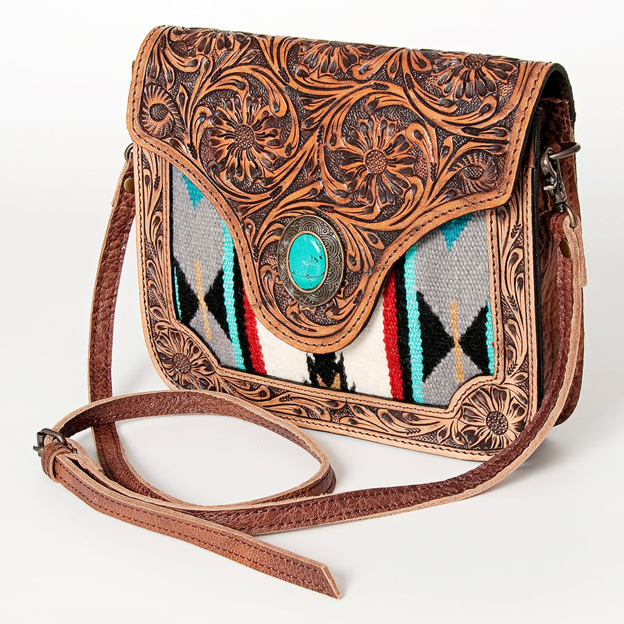 American Darling Western Small Cross body Bag Hand Tooled Floral and Hand Woven Saddle Blanket - Uhorse